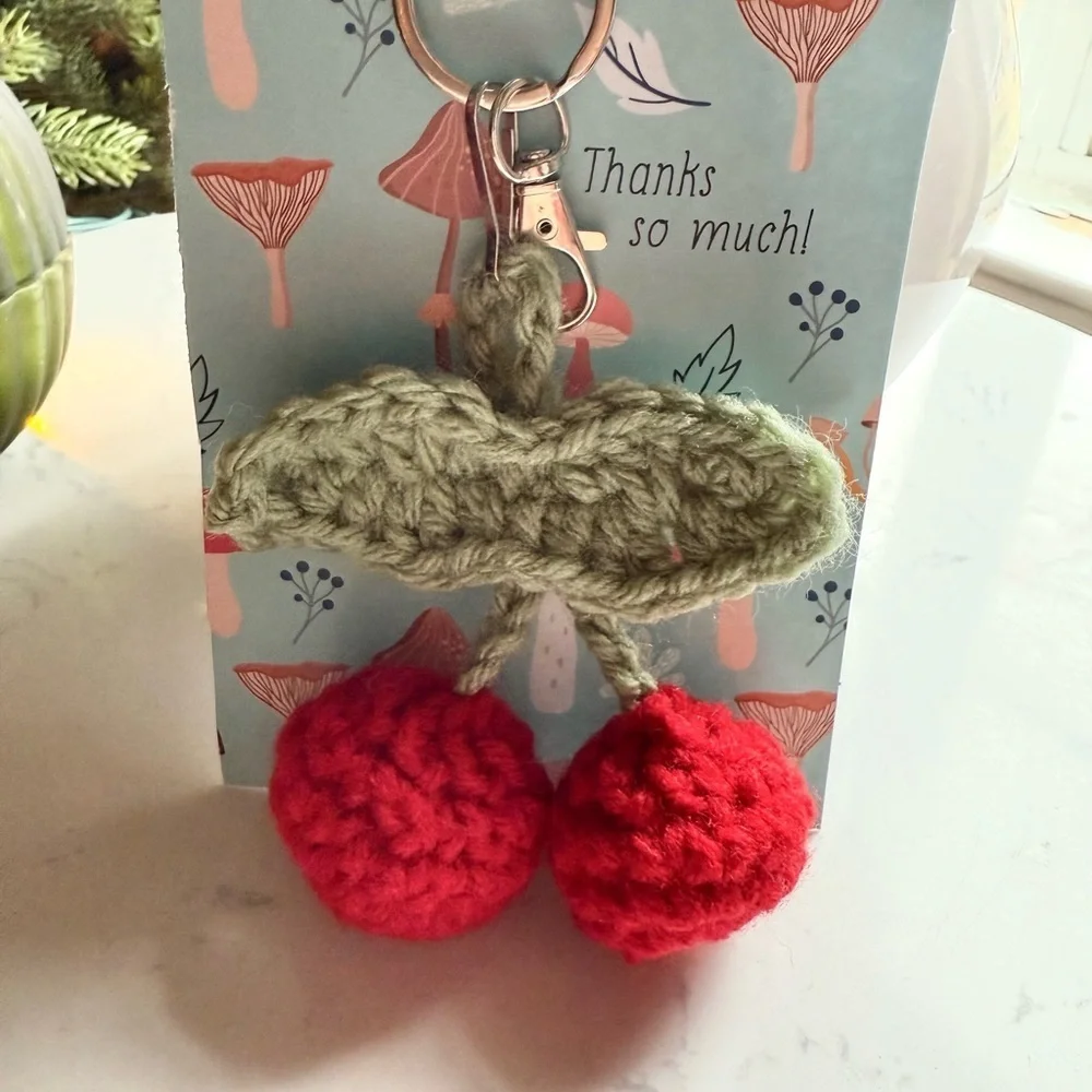 Handmade Crochet Cherry Keychain | Cute Fruit Bag Charm | NWT